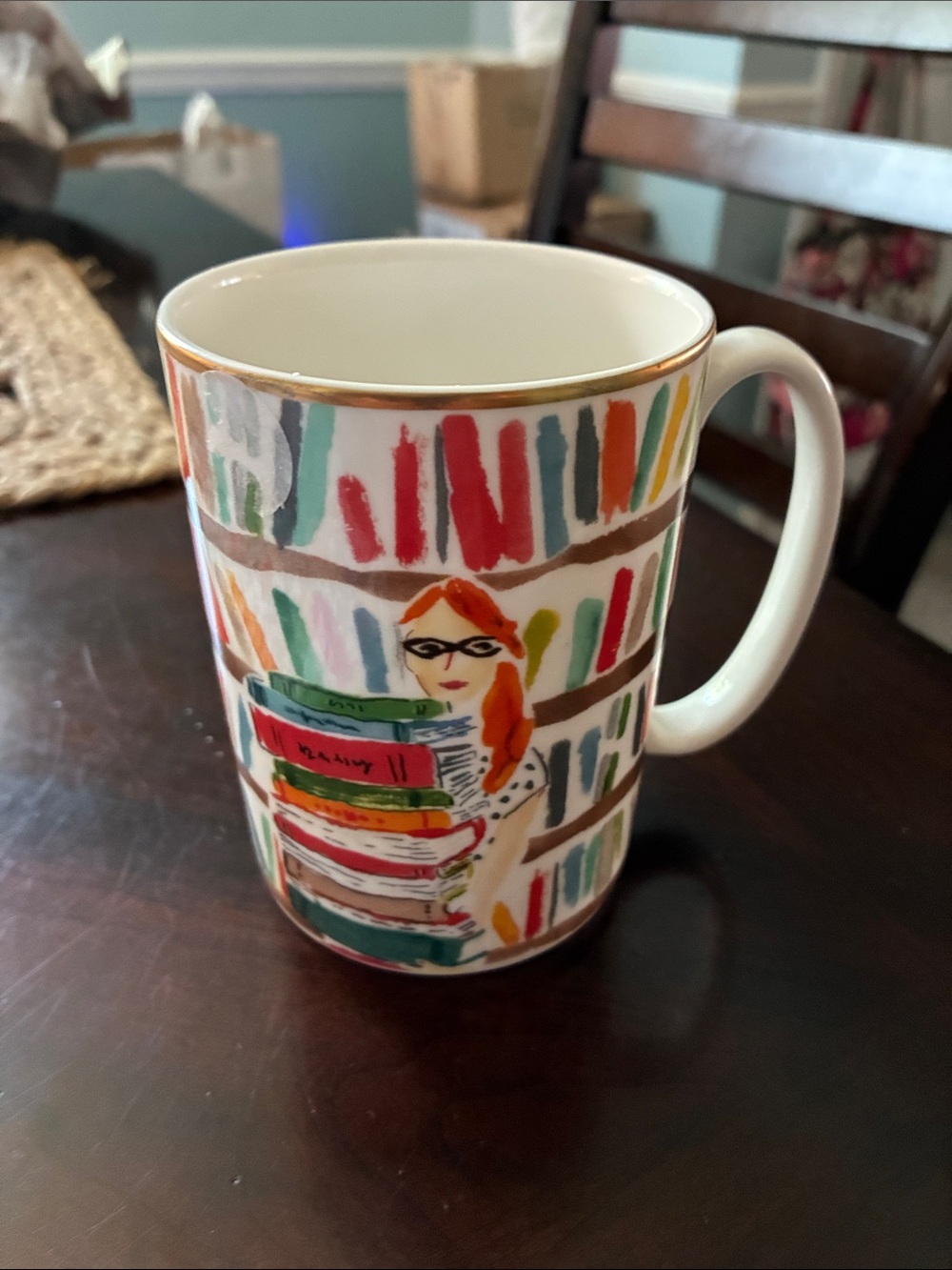 kate spade White Ceramic Mug with Colorful Bookshelf and Reader Illustration